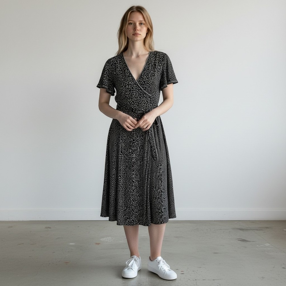 Max Studio Heart Print Midi Cocktail Dress Black White Flutter Sleeve NWT M